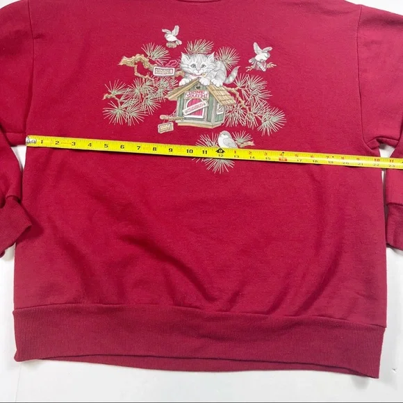 Vintage Cat Sweatshirt size Large Birds Nature Red Pullover - Picture 7 of 10
